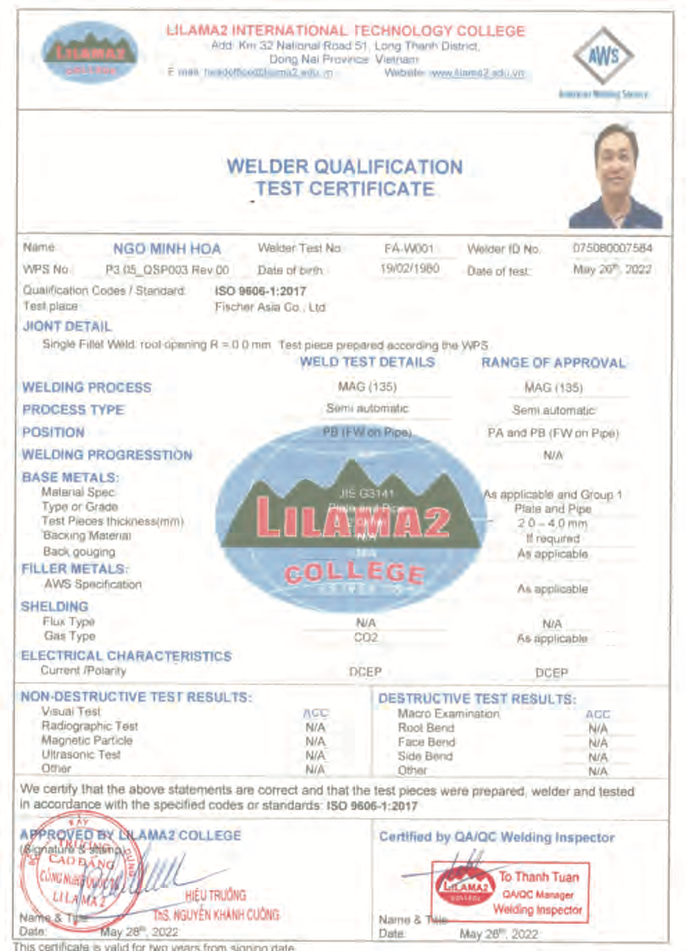 Chứng chỉ ISO 9606 Thầy Tô Thanh Tuấn ký